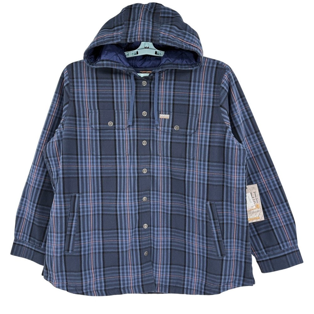 Ariat Rebar Womens Flannel Shirt Jacket XL Navy Blue Plaid Hooded Full Lined NWT